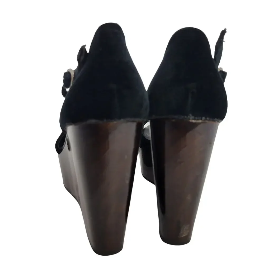 Bettye Muller Heel Wedge Black Velvet Platform Wood T Strap Peep Toe Chunky 9.5